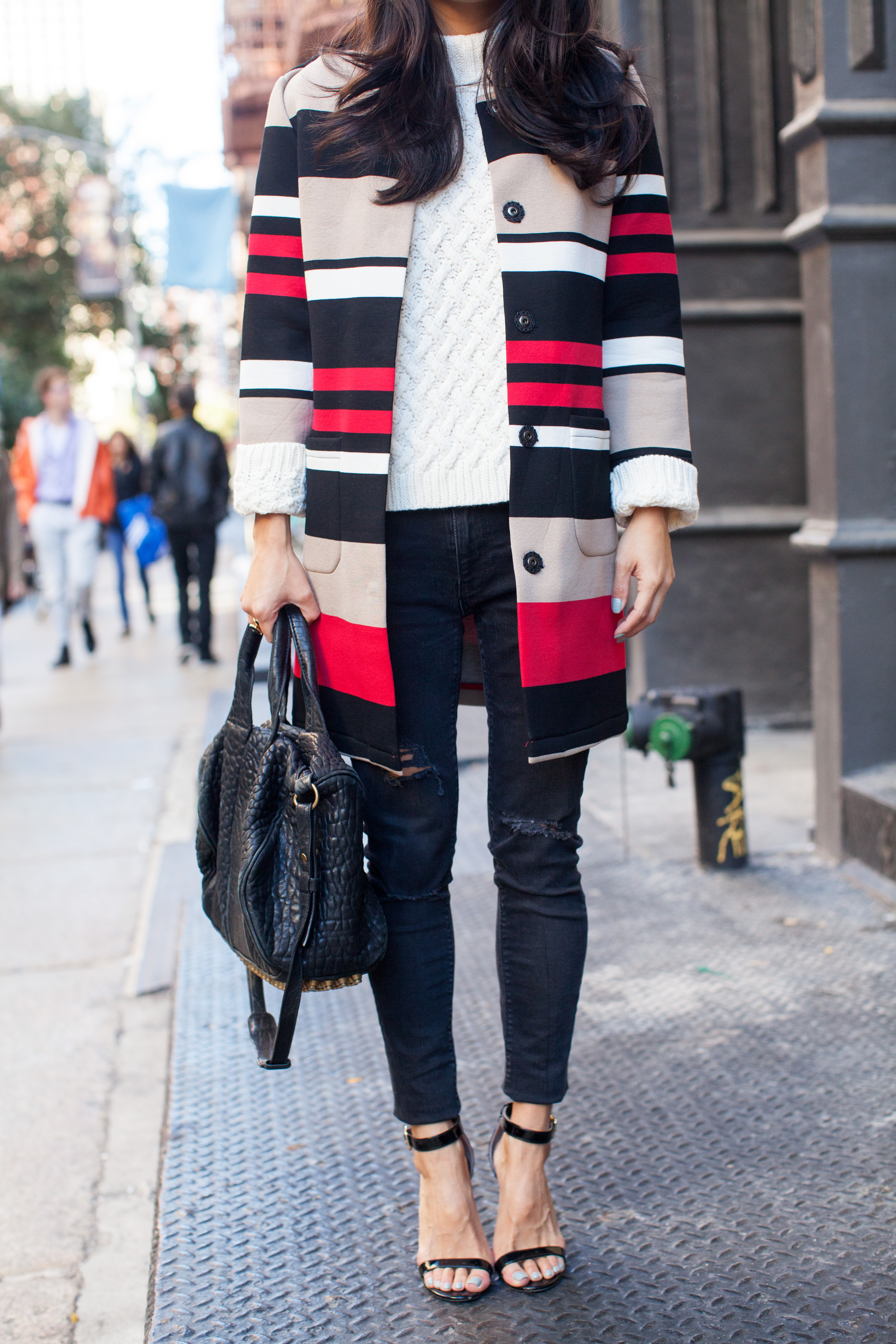 cable knit sweater, chicwish, striped coat, ripped skinny jeans, christine petric, the view from 5 ft. 2