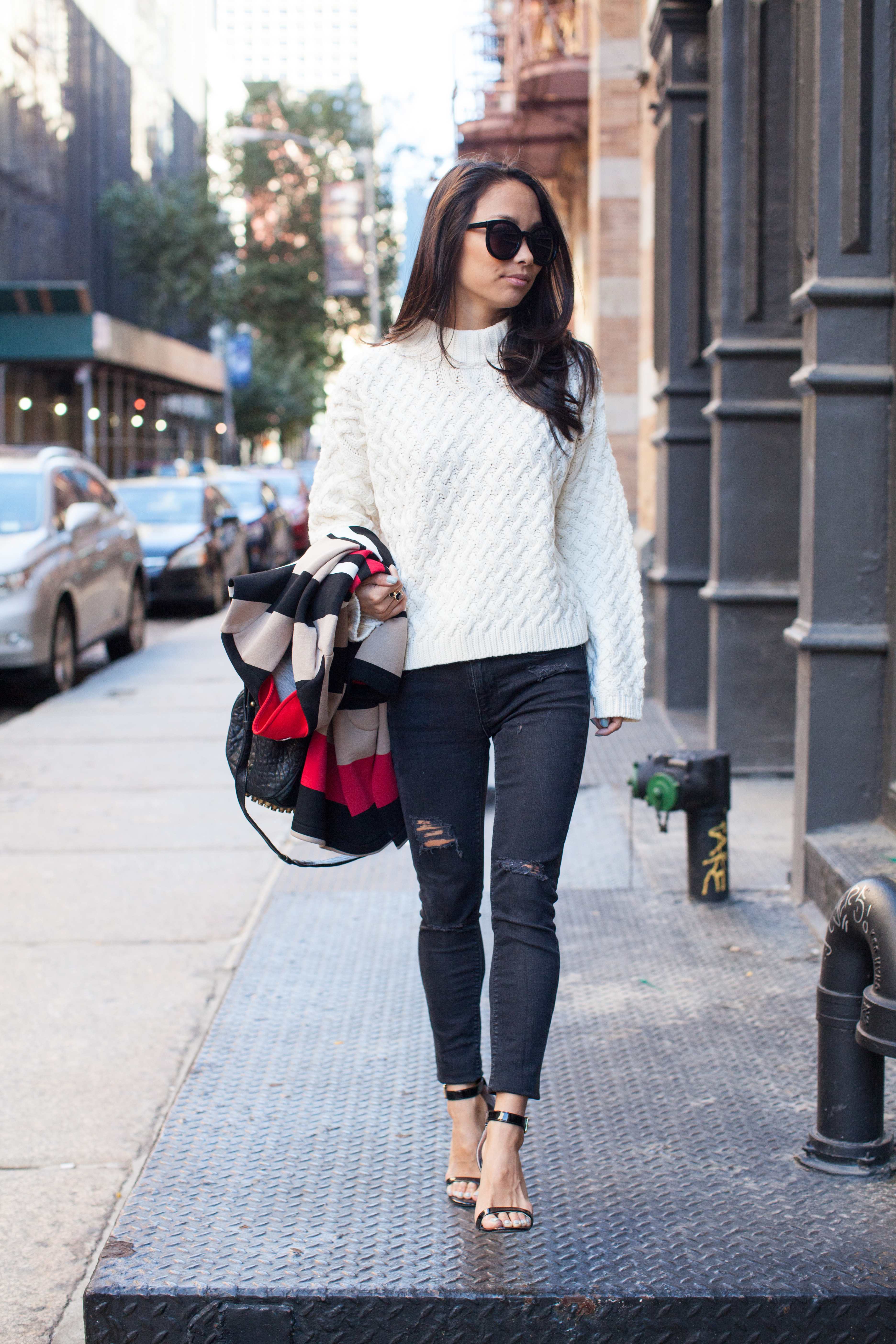 cable knit sweater, chicwish, striped coat, ripped skinny jeans, christine petric, the view from 5 ft. 2