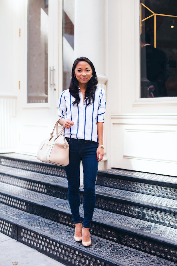 j.crew striped blouse, boy button down, nude pumps, stuart weitzman, christine petric, the view from 5 ft. 2