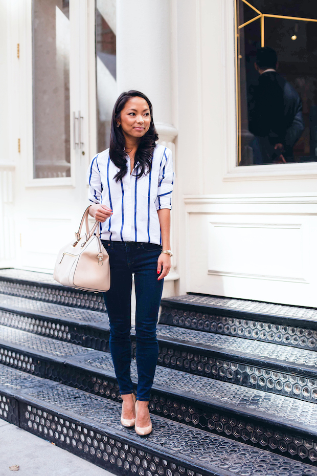 j.crew striped blouse, boy button down, nude pumps, stuart weitzman, christine petric, the view from 5 ft. 2