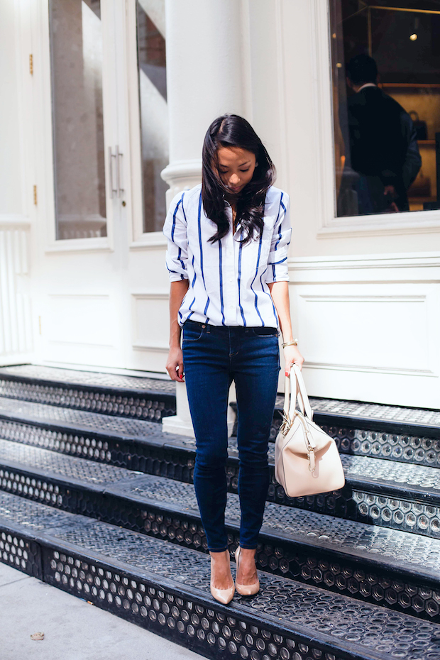 j.crew striped blouse, boy button down, nude pumps, stuart weitzman, christine petric, the view from 5 ft. 2