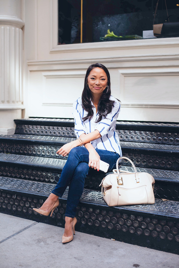 j.crew striped blouse, boy button down, nude pumps, stuart weitzman, christine petric, the view from 5 ft. 2