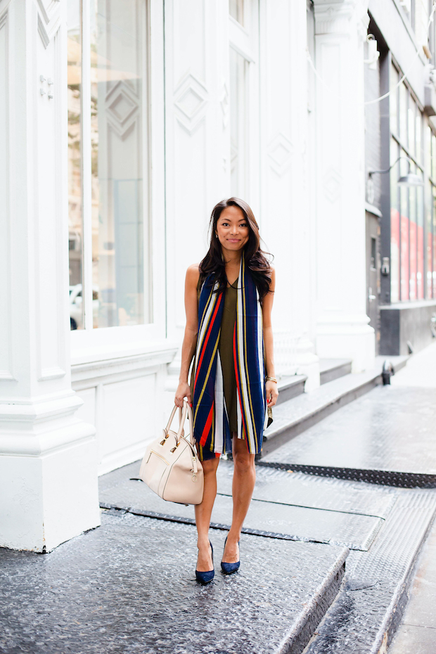 old navy dress, striped scarf, dvf pumps, navy, olive, christine petric, the view from 5 ft. 2