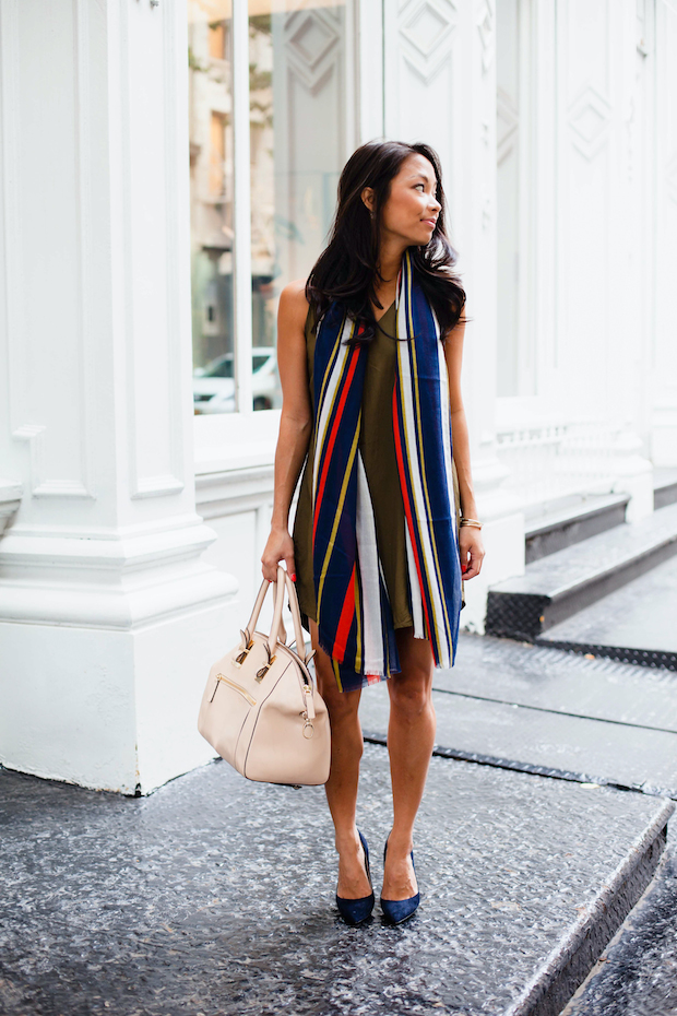 old navy dress, striped scarf, dvf pumps, navy, olive, christine petric, the view from 5 ft. 2