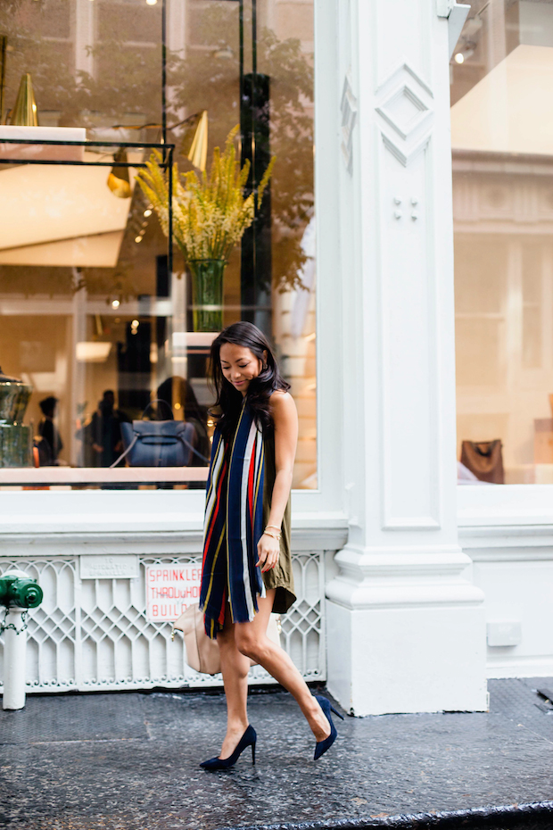 old navy dress, striped scarf, dvf pumps, navy, olive, christine petric, the view from 5 ft. 2