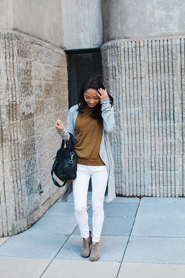 everlane sleeveless sweater, hye park and lune cardigan, christine petric, the view from 5 ft. 2, white jeans, fall style