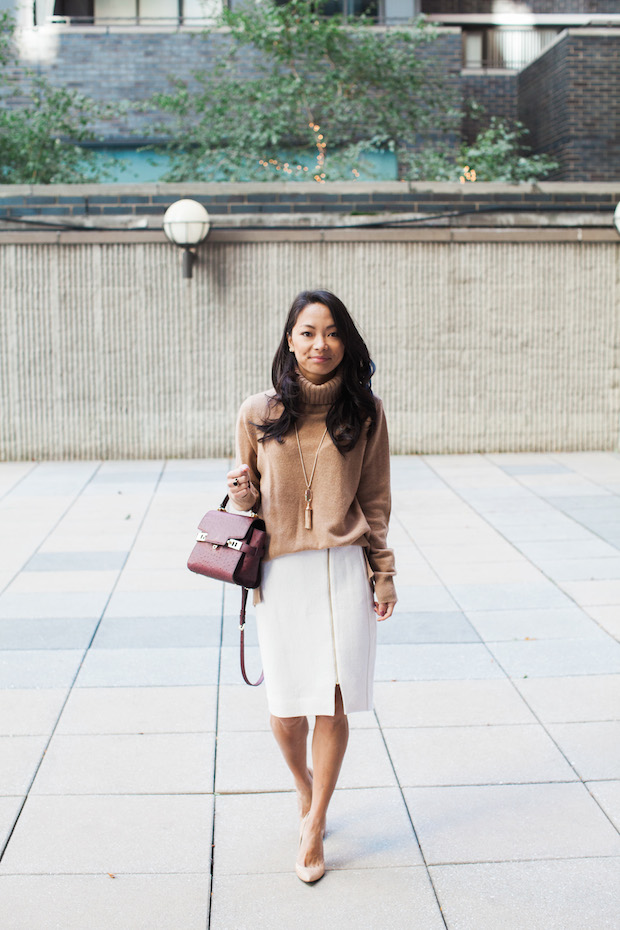 stuart weitzman pumps, cream skirt, cashmere turtleneck, christine petric, the view from 5 ft. 2