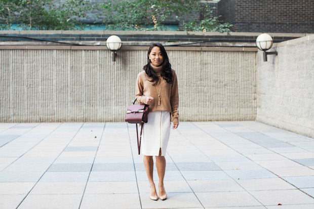 stuart weitzman pumps, cream skirt, cashmere turtleneck, christine petric, the view from 5 ft. 2