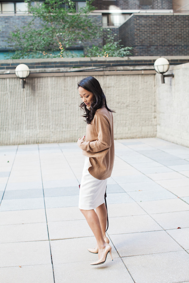 stuart weitzman pumps, cream skirt, cashmere turtleneck, christine petric, the view from 5 ft. 2