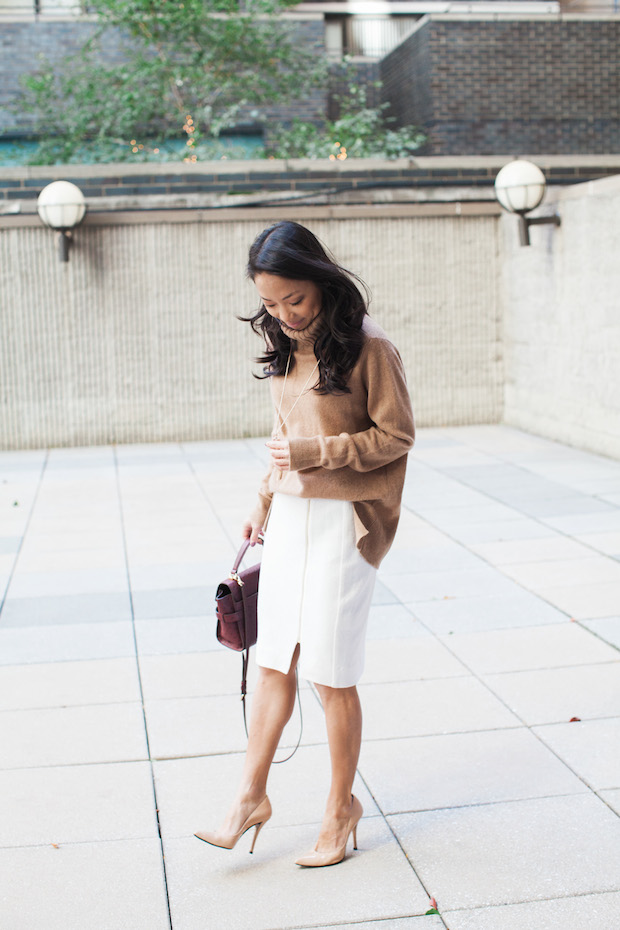 stuart weitzman pumps, cream skirt, cashmere turtleneck, christine petric, the view from 5 ft. 2