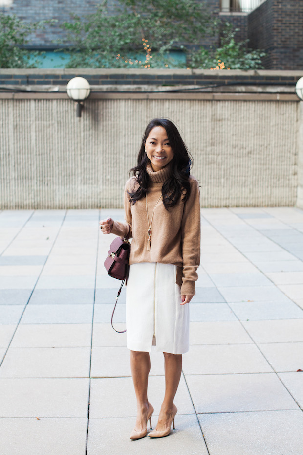 stuart weitzman pumps, cream skirt, cashmere turtleneck, christine petric, the view from 5 ft. 2