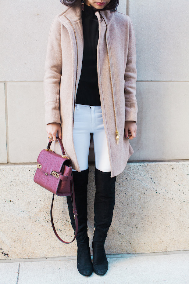 henri bendel, rag and bone, white jeans in the winter, over the knee boots, j.crew stadium cloth coat, christine petric, the view from 5 ft. 2