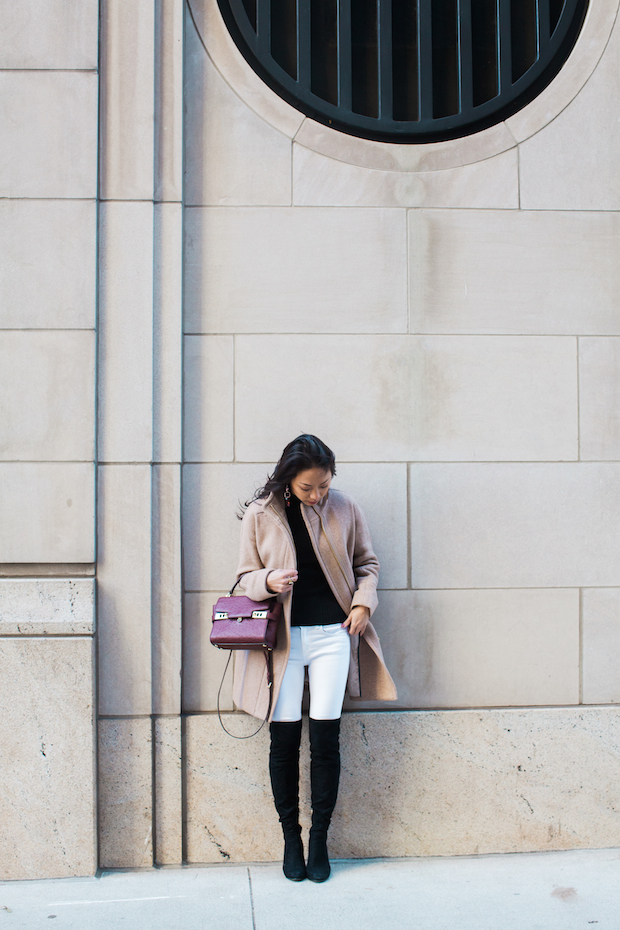 henri bendel, rag and bone, white jeans in the winter, over the knee boots, j.crew stadium cloth coat, christine petric, the view from 5 ft. 2