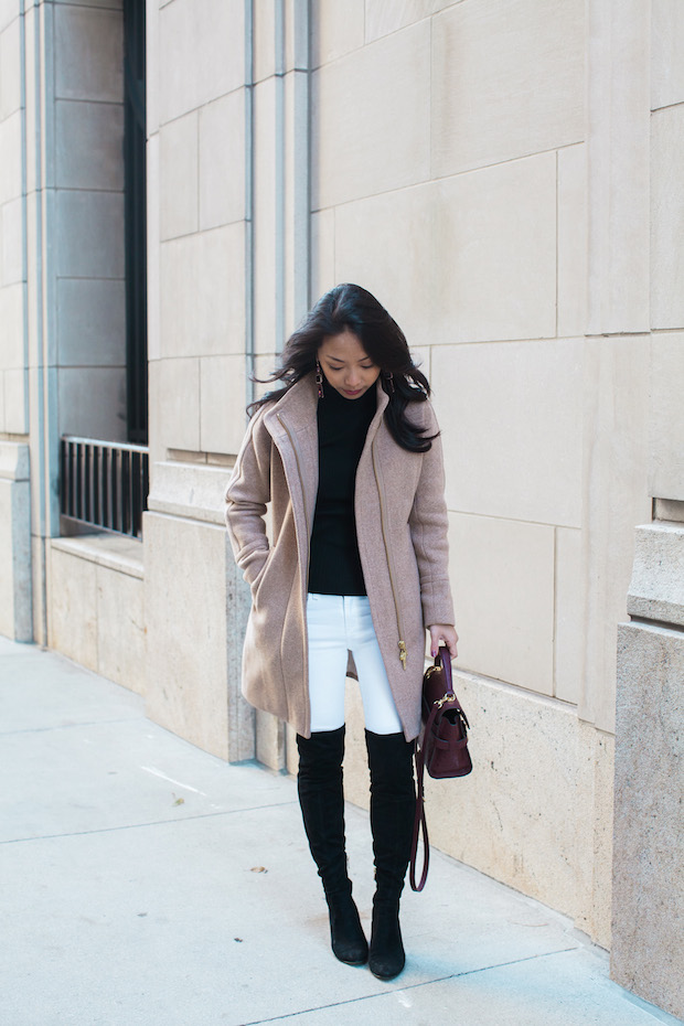 henri bendel, rag and bone, white jeans in the winter, over the knee boots, j.crew stadium cloth coat, christine petric, the view from 5 ft. 2