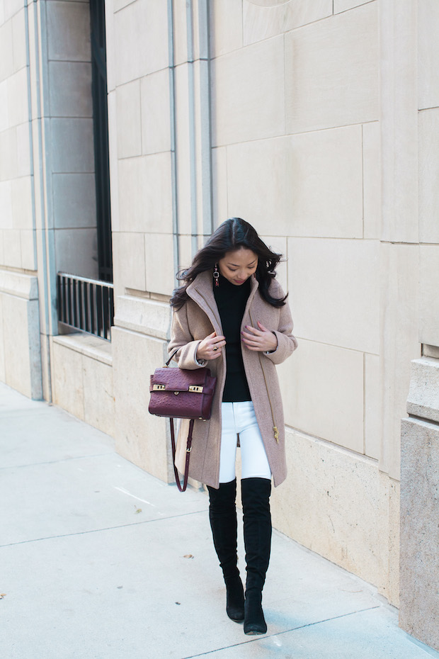 henri bendel, rag and bone, white jeans in the winter, over the knee boots, j.crew stadium cloth coat, christine petric, the view from 5 ft. 2