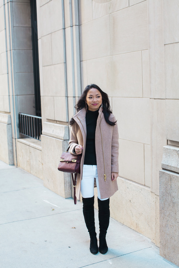 henri bendel, rag and bone, white jeans in the winter, over the knee boots, j.crew stadium cloth coat, christine petric, the view from 5 ft. 2