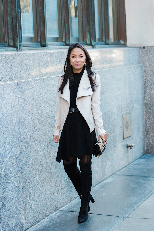 bb dakota drape front jacket, topshop long sleeve dress, western belt, christine petric, the view from 5 ft. 2