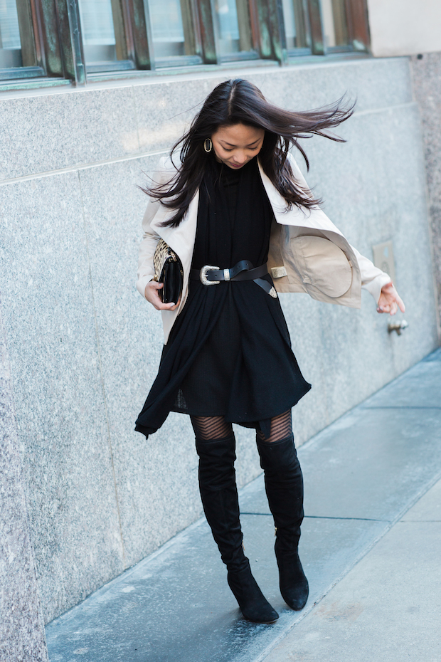 bb dakota drape front jacket, topshop long sleeve dress, western belt, christine petric, the view from 5 ft. 2