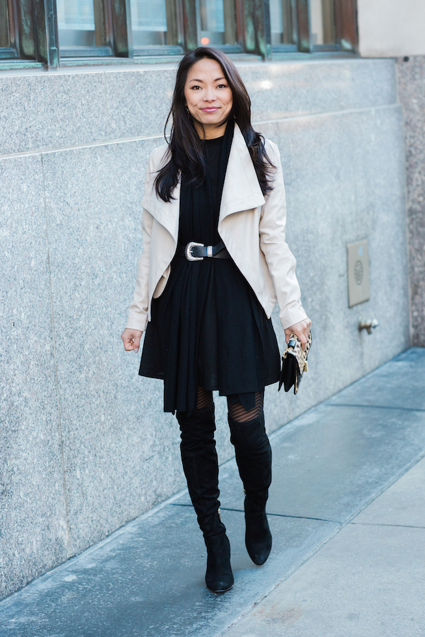 bb dakota drape front jacket, topshop long sleeve dress, western belt, christine petric, the view from 5 ft. 2