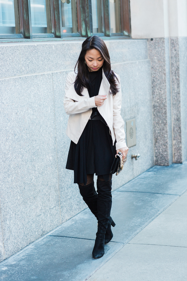 bb dakota drape front jacket, topshop long sleeve dress, western belt, christine petric, the view from 5 ft. 2