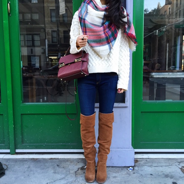 plaid scarf, over the knee boots, shop my instagram