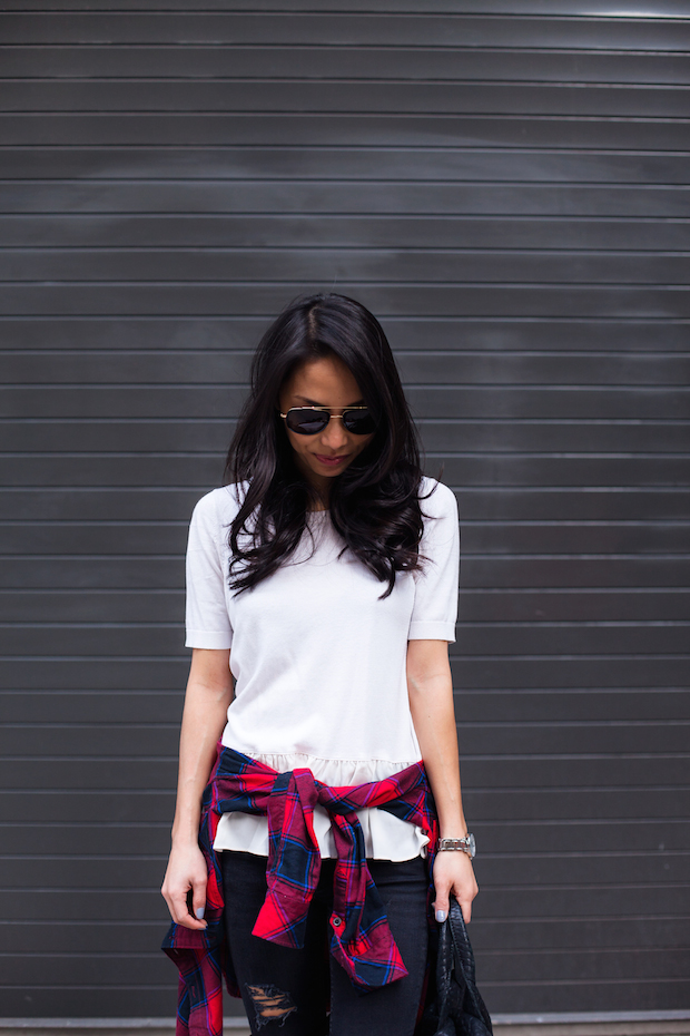 brooks brothers, buffalo plaid, ripped skinny jeans, over the knee boots, christine petric, the view from 5 ft. 2