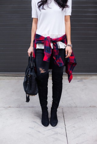 brooks brothers, buffalo plaid, ripped skinny jeans, over the knee boots, christine petric, the view from 5 ft. 2
