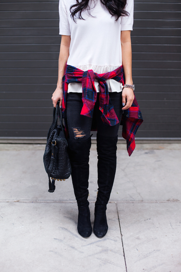 brooks brothers, buffalo plaid, ripped skinny jeans, over the knee boots, christine petric, the view from 5 ft. 2