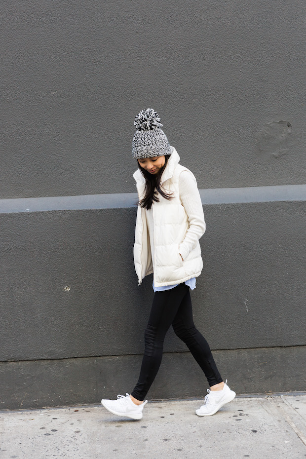old navy, puffer vest, pom beanie, marled knit, christine petric, nike juvenate sneaker, the view from 5 ft. 2