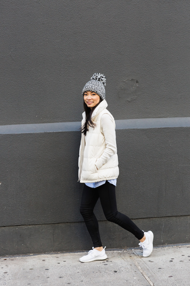 old navy, puffer vest, pom beanie, marled knit, christine petric, nike juvenate sneaker, the view from 5 ft. 2