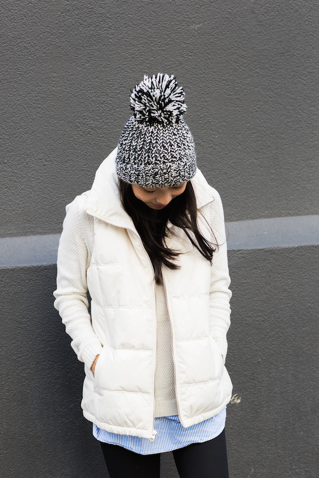 old navy, puffer vest, pom beanie, marled knit, christine petric, nike juvenate sneaker, the view from 5 ft. 2