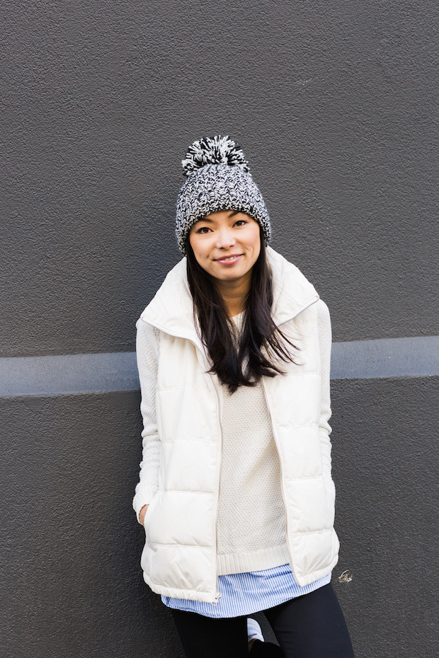 old navy, puffer vest, pom beanie, marled knit, christine petric, nike juvenate sneaker, the view from 5 ft. 2