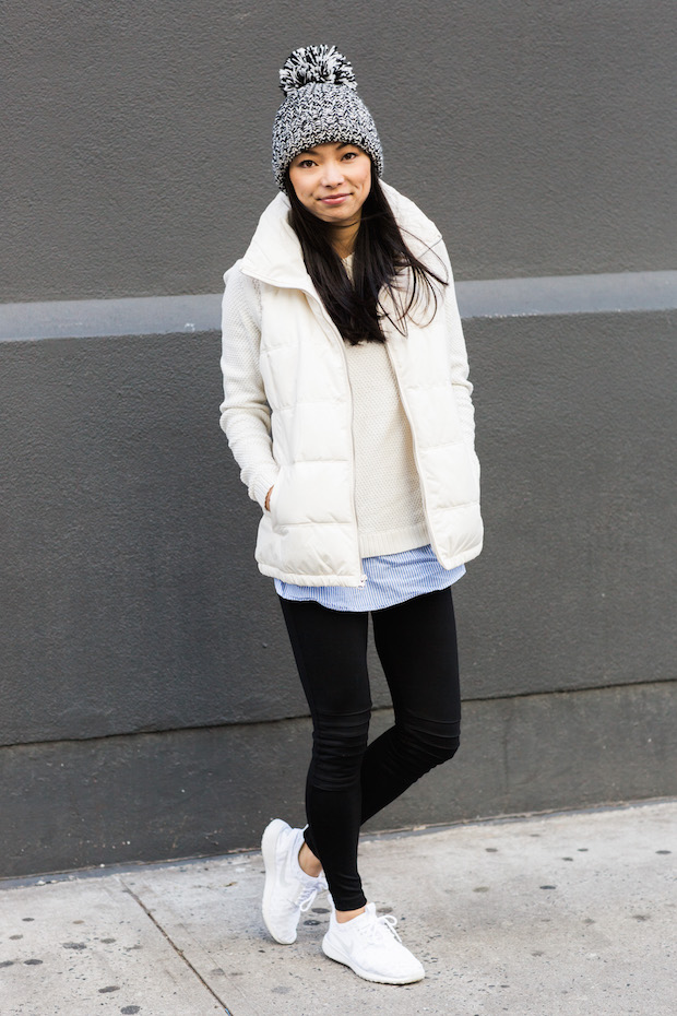 old navy, puffer vest, pom beanie, marled knit, christine petric, nike juvenate sneaker, the view from 5 ft. 2