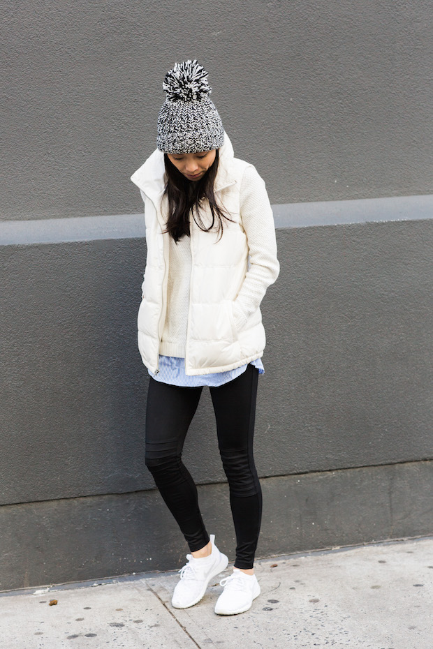 old navy, puffer vest, pom beanie, marled knit, christine petric, nike juvenate sneaker, the view from 5 ft. 2