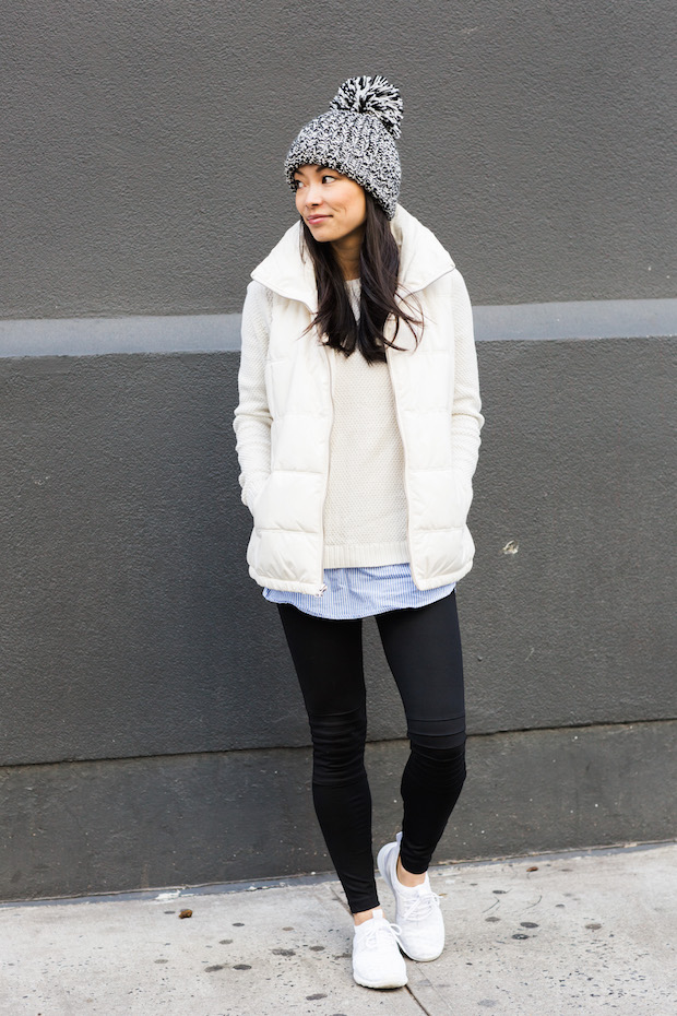 old navy, puffer vest, pom beanie, marled knit, christine petric, nike juvenate sneaker, the view from 5 ft. 2