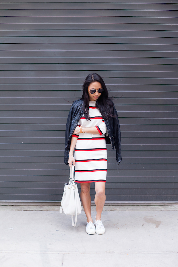 striped dress, superga sneakers, bucket bag, henri bendel, christine petric, the view from 5 ft. 2