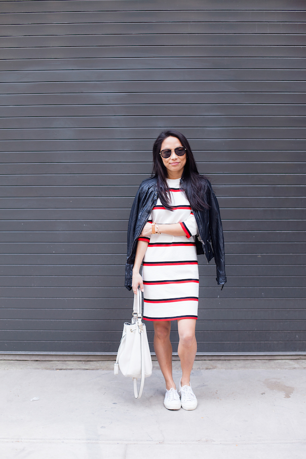 striped dress, superga sneakers, bucket bag, henri bendel, christine petric, the view from 5 ft. 2