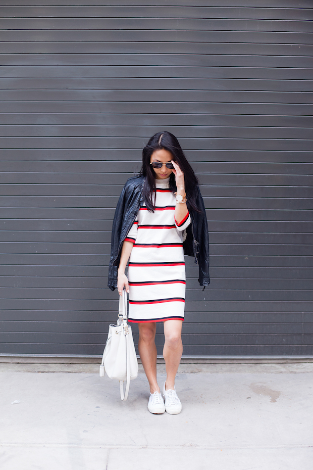 striped dress, superga sneakers, bucket bag, henri bendel, christine petric, the view from 5 ft. 2
