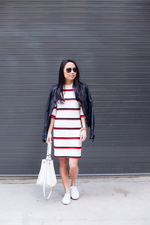 striped dress, superga sneakers, bucket bag, henri bendel, christine petric, the view from 5 ft. 2