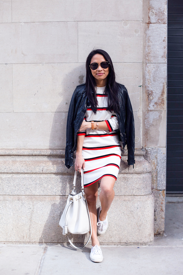 striped dress, superga sneakers, bucket bag, henri bendel, christine petric, the view from 5 ft. 2