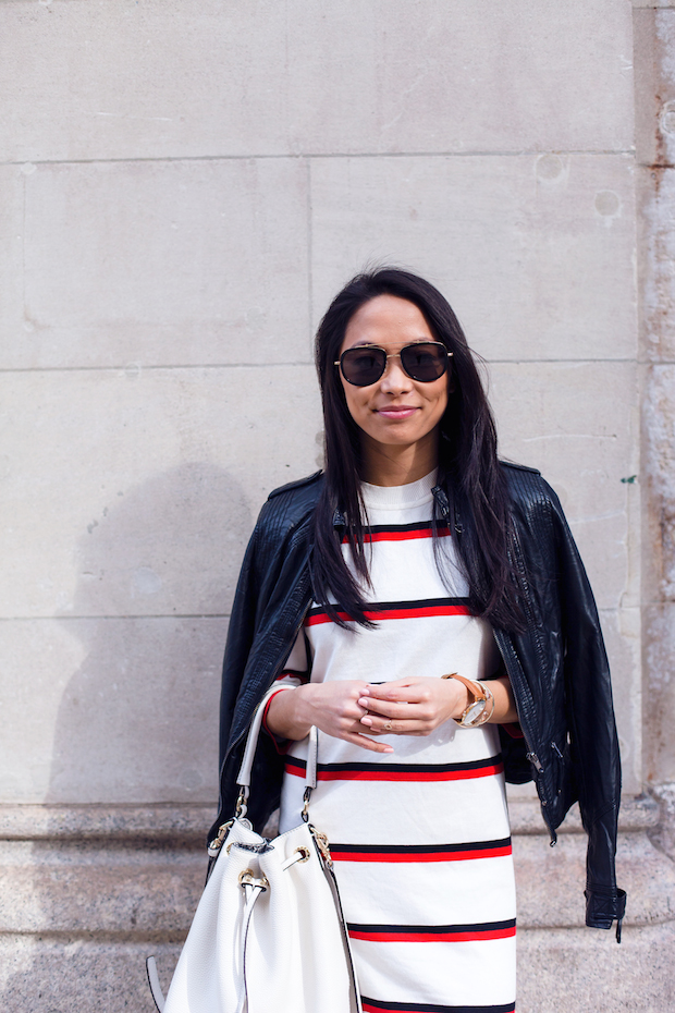 striped dress, superga sneakers, bucket bag, henri bendel, christine petric, the view from 5 ft. 2