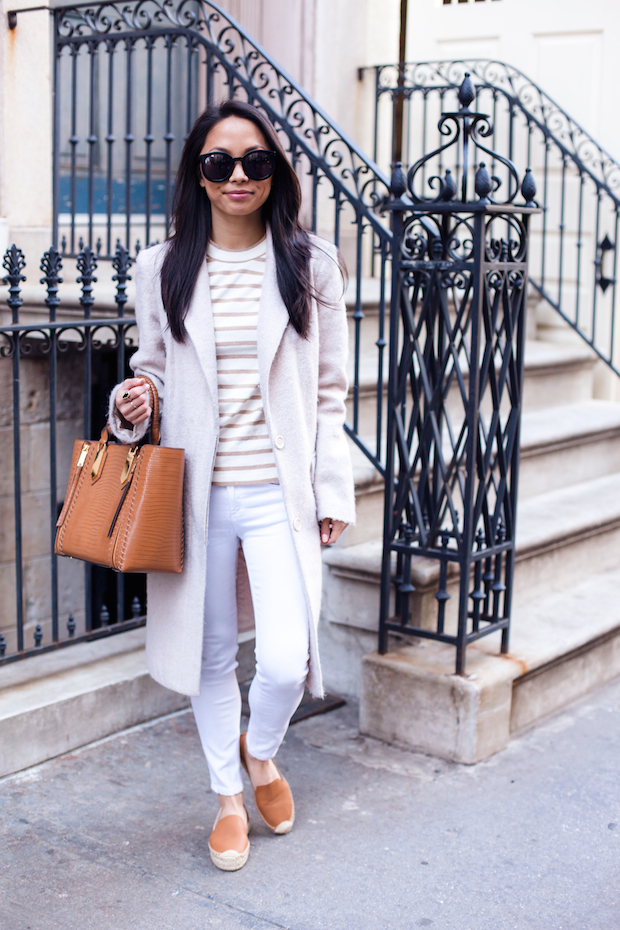 madewell striped shirt, soludos espadrilles, white jeans, henri bendel, christine petric, the view from 5 ft. 2