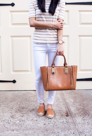 madewell striped shirt, soludos espadrilles, white jeans, henri bendel, christine petric, the view from 5 ft. 2