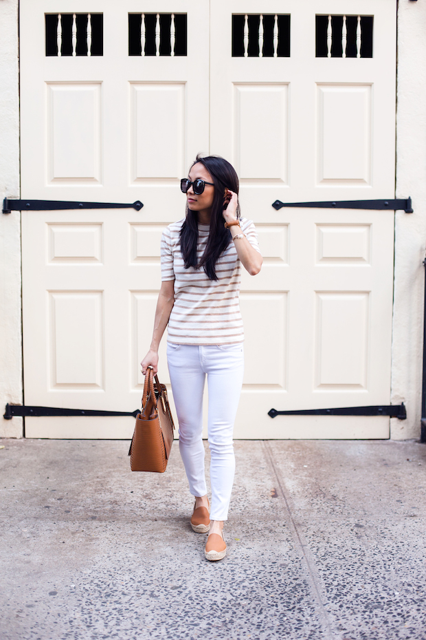 madewell striped shirt, soludos espadrilles, white jeans, henri bendel, christine petric, the view from 5 ft. 2
