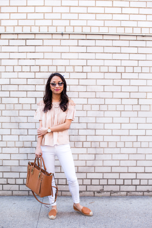 off shoulder top, rag and bone jeans, henri bendel, soludos espadrilles, christine petric, the view from 5 ft. 2