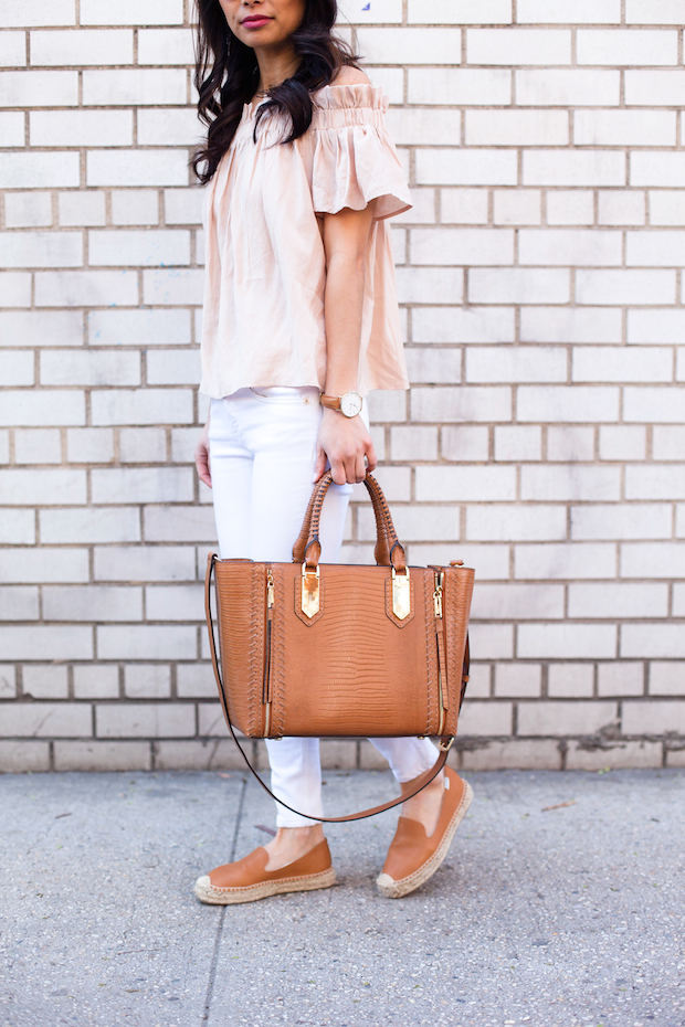 off shoulder top, rag and bone jeans, henri bendel, soludos espadrilles, christine petric, the view from 5 ft. 2