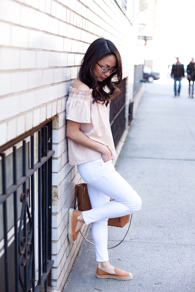 off shoulder top, rag and bone jeans, henri bendel, soludos espadrilles, christine petric, the view from 5 ft. 2