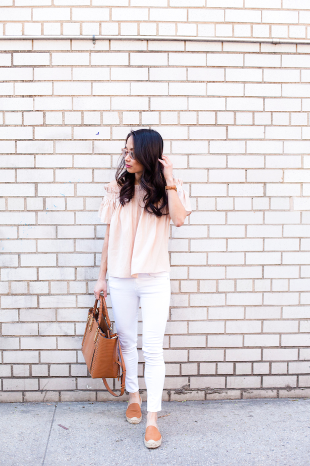 off shoulder top, rag and bone jeans, henri bendel, soludos espadrilles, christine petric, the view from 5 ft. 2