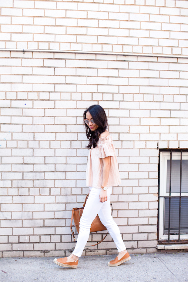 off shoulder top, rag and bone jeans, henri bendel, soludos espadrilles, christine petric, the view from 5 ft. 2