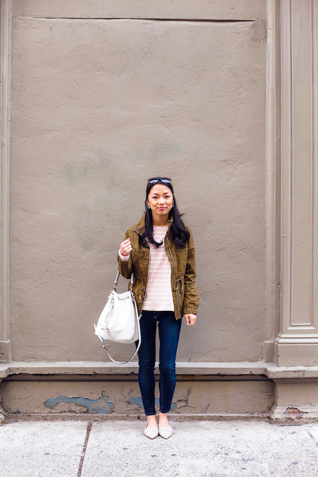 old navy striped tee, utility jacket, henri bendel, mgemi flats, christine petric, the view from 5 ft. 2